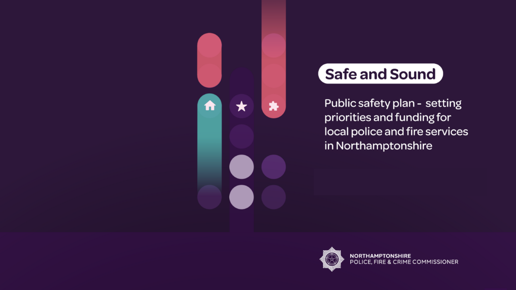 Purple back ground with the text - Safe and Sound Public safety plan - setting priorities and funding for local police and fire services in Northamptonshire